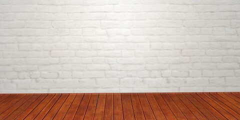 Old white brick wall and wood floor.