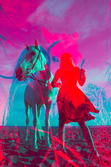 Colored Double exposure picture of a young woman and a white horse