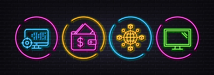 Seo, Wallet and Logistics network minimal line icons. Neon laser 3d lights. Monitor icons. For web, application, printing. Search engine, Affordability, International tracking. Vector