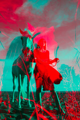 Colored Double exposure picture of a young woman and a white horse