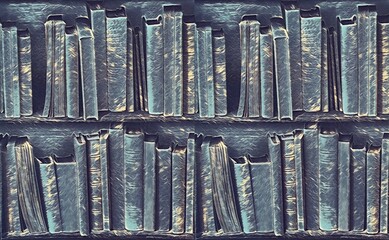 Obraz premium long abandoned and neglected library shelf in blue and grey colours
