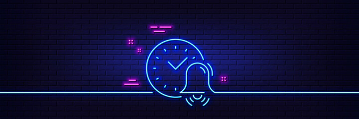 Neon light glow effect. Alarm bell line icon. Time or watch sign. 3d line neon glow icon. Brick wall banner. Alarm bell outline. Vector