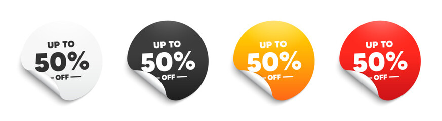 Up to 50 percent off Sale. Round sticker badge with offer. Discount offer price sign. Special offer symbol. Save 50 percentages. Paper label banner. Discount tag adhesive tag. Vector