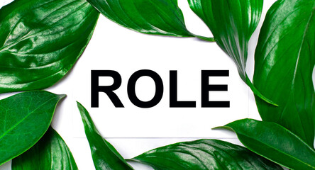 Against the background of green natural leaves, a white card with the text ROLE