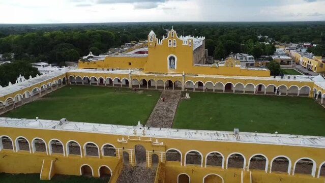 Izamal Yucatan San Antonio de Padua Convent catholic church in mexico yellow colorful drone view