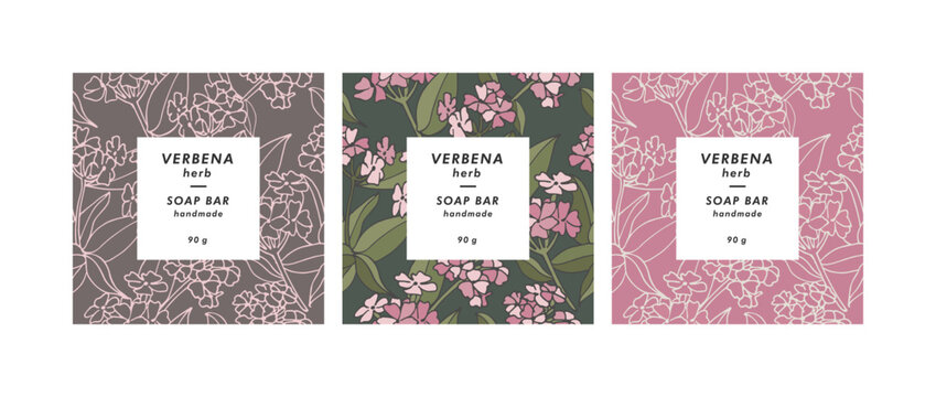Vector set seamless patterns for cosmetics with template design labels. Backgrounds with verbena flowers for handmade soap.