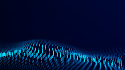 Abstract technology wave of particles. Big data visualization. Dark background with motion lines. Artificial intelligence. 3d rendering.