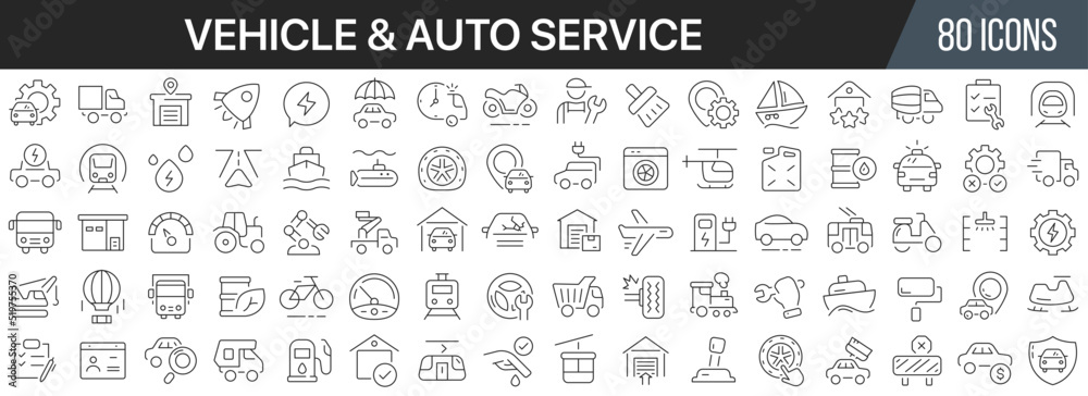Poster Vehicle and auto service line icons collection. Big UI icon set in a flat design. Thin outline icons pack. Vector illustration EPS10