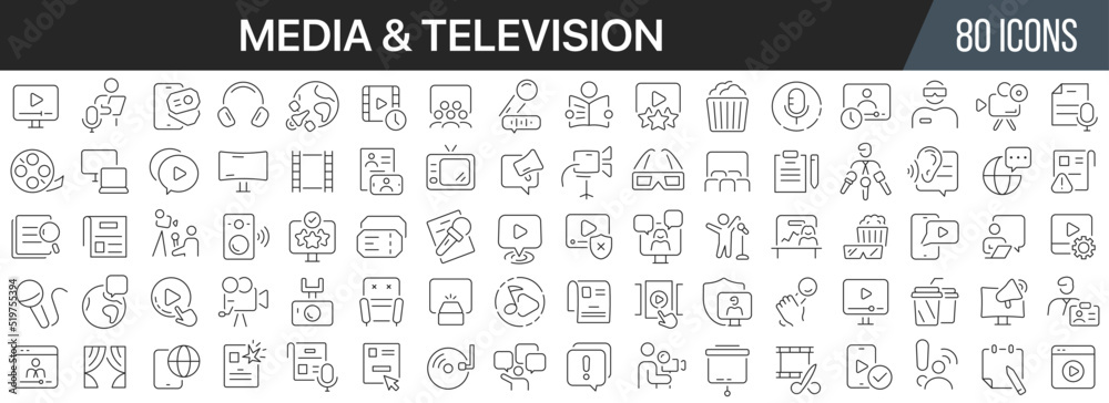 Poster media and television line icons collection. big ui icon set in a flat design. thin outline icons pac