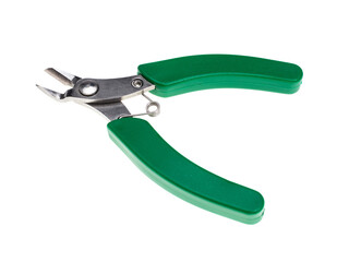 Wire cutter pliers with green handles. Isolated on white background