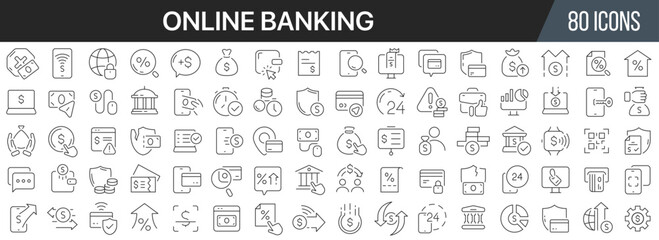 Online banking line icons collection. Big UI icon set in a flat design. Thin outline icons pack. Vector illustration EPS10