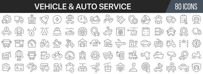 Vehicle and auto service line icons collection. Big UI icon set in a flat design. Thin outline icons pack. Vector illustration EPS10