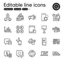 Set of Technology outline icons. Contains icons as Truck transport, Touchscreen gesture and Phone protect elements. Smile face, Money currency, Sales diagram web signs. Parking place. Vector