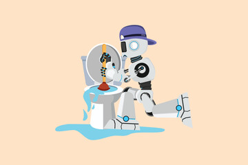 Business flat cartoon drawing robot plumber repairing toilet, plumbing service. Plumbing toilet leakage, clogging. Sewage system. Robotic artificial intelligence. Graphic design vector illustration