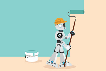 Business design drawing robot handyman painting wall with roller. Home repair, decoration, renovation. Future technology development. Artificial intelligence. Flat cartoon style vector illustration