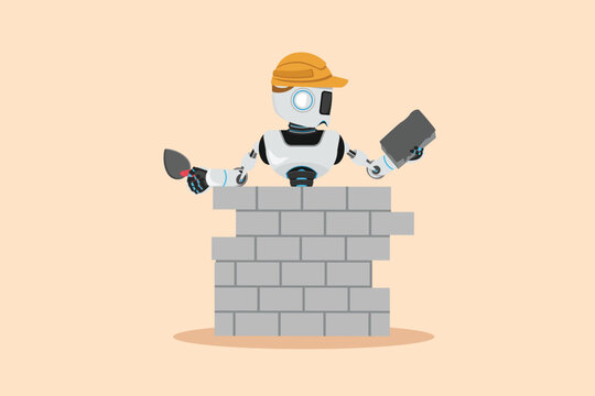 Business flat cartoon style drawing robot repairman building brick wall. Construction worker with helmet. Builder concept. Repair services. Artificial intelligence. Graphic design vector illustration