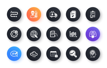 Minimal set of Handout, Cogwheel and Ambulance car flat icons for web development. Internet, Cloud sync, Message icons. Diagram chart, Analytics, Thermometer web elements. Calendar. Vector