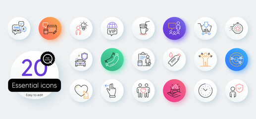 Simple set of Fake news, Targeting and Skin care line icons. Include Timer, Touchscreen gesture, Water bottle icons. Account, Dumbbells workout, Volunteer web elements. Friends couple. Vector