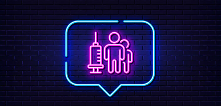 Neon light speech bubble. Medical vaccination line icon. Medicine vaccine sign. Pharmacy medication symbol. Neon light background. Medical vaccination glow line. Brick wall banner. Vector