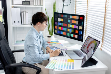 Professional development programmers are choosing color schemes to decorate their website or application to be attractive, Write information or code for the website,  HTML, Javascript, Color tone.