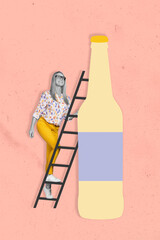 Vertical creative collage portrait of mini positive girl black white colors climbing ladder huge...