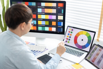 Professional development programmers are choosing color schemes to decorate their website or application to be attractive, Write information or code for the website,  HTML, Javascript, Color tone.