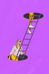 Vertical collage picture of positive girl climbing drawing ladder up hole isolated on purple...