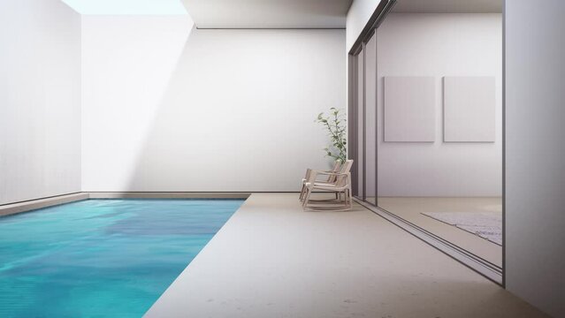 Luxury interior design 3D rendering of modern house or hotel. Concrete floor terrace and swimming pool with empty white wall background near blank picture frame.