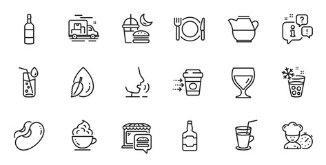 Outline set of Ice maker, Brandy bottle and Coffee delivery line icons for web application. Talk, information, delivery truck outline icon. Include Wine glass, Restaurant food, Chef icons. Vector