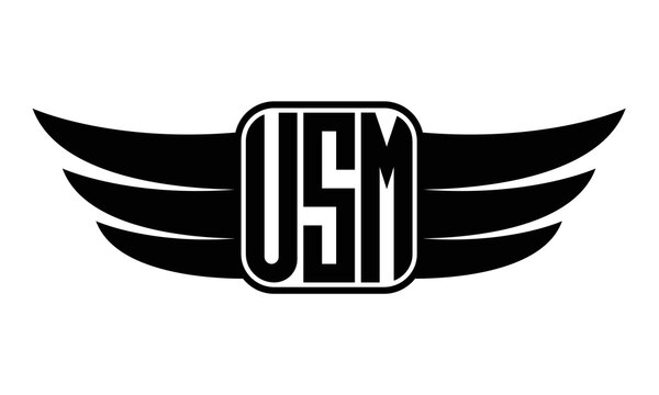 USM three Letter wing minimalist creative concept icon eagle symbol professional black and white logo design, Vector template