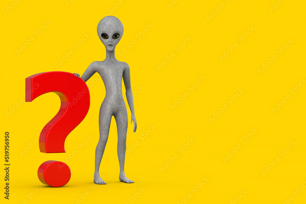 Poster Scary Gray Humanoid Alien Cartoon Character Person Mascot with Red Question Mark Sign. 3d Rendering