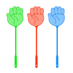 Set of Multicolor Flyswatters in Shape of Hand. 3d Rendering