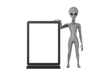 Scary Gray Humanoid Alien Cartoon Character Person Mascot with Blank Trade Show LCD Screen Display Stand as Template for Your Design. 3d Rendering