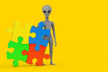 Scary Gray Humanoid Alien Cartoon Character Person Mascot with Four Pieces of Colorful Jigsaw Puzzle. 3d Rendering