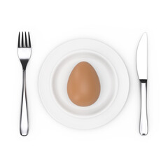 Fork and Knife near Plate with Brown Chicken Egg, Top View. 3d Rendering