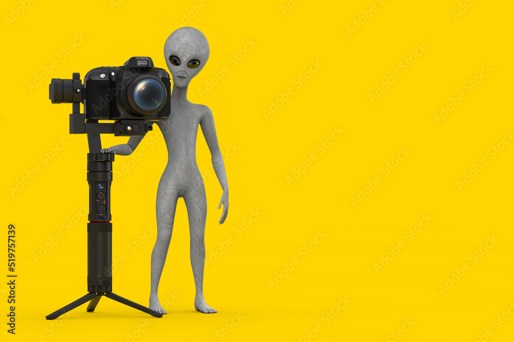 Aufkleber Scary Gray Humanoid Alien Cartoon Character Person Mascot with DSLR or Video Camera Gimbal Stabilization Tripod System. 3d Rendering