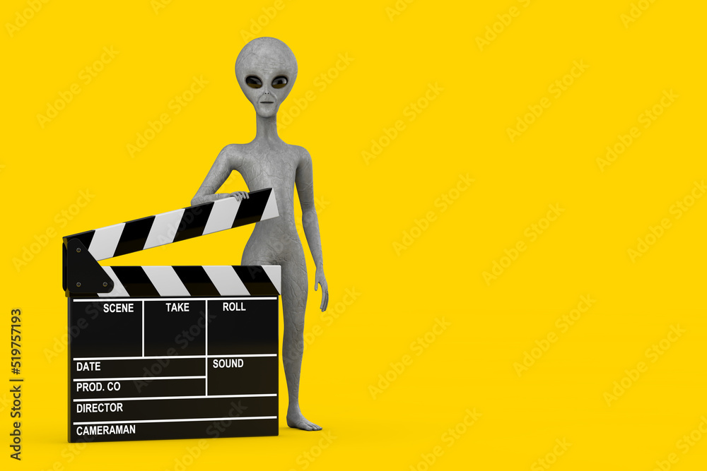Poster scary gray humanoid alien cartoon character person mascot with movie clapper board. 3d rendering