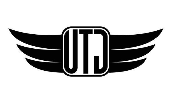 UTJ three Letter wing minimalist creative concept icon eagle symbol professional black and white logo design, Vector template