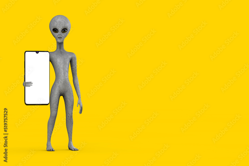 Aufkleber scary gray humanoid alien cartoon character person mascot and modern mobile phone with blank screen 