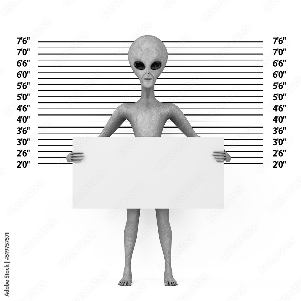 Poster scary gray humanoid alien cartoon character person mascot with identification plate in front of poli