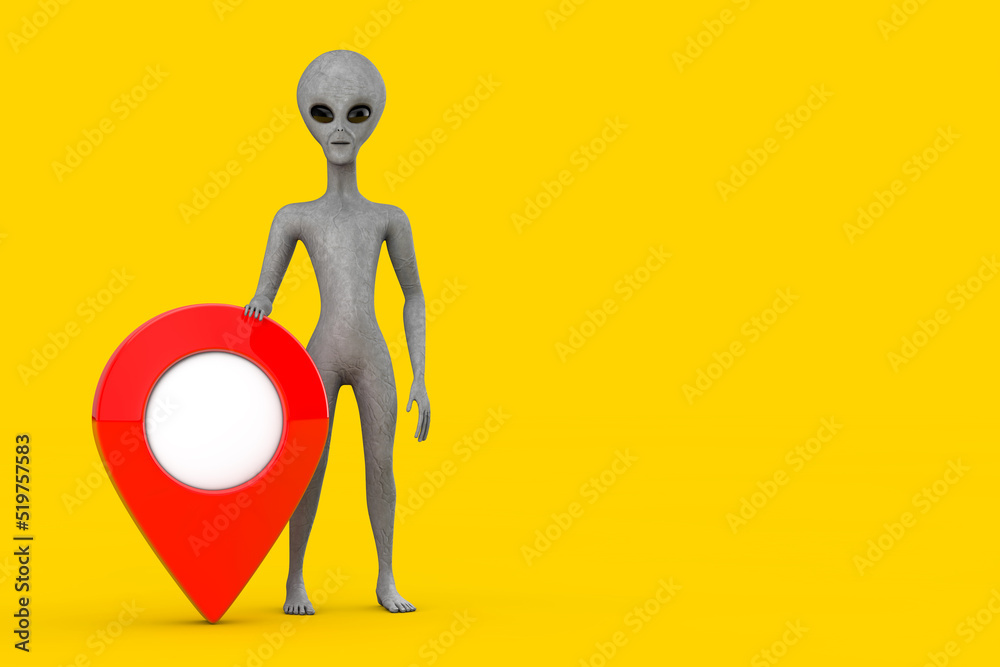 Leinwandbilder Scary Gray Humanoid Alien Cartoon Character Person Mascot with Red Map Pointer Target Pin. 3d Rendering