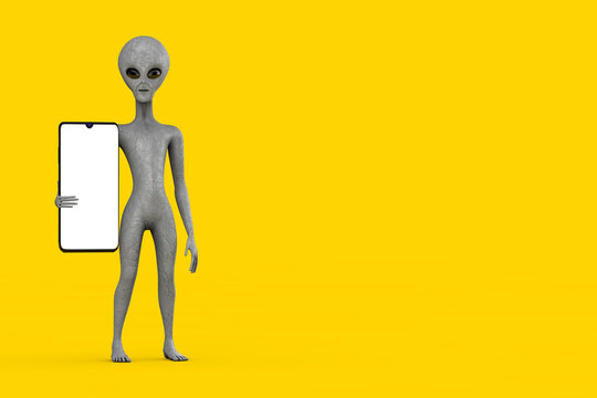 Scary Gray Humanoid Alien Cartoon Character Person Mascot and Modern Mobile Phone with Blank Screen for Your Design. 3d Rendering
