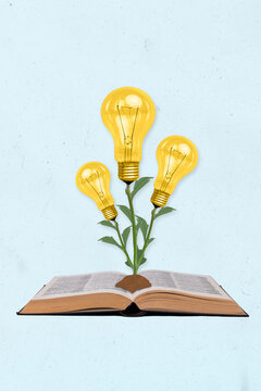 Vertical collage picture of open book growing light bulb plant isolated on creative drawing background