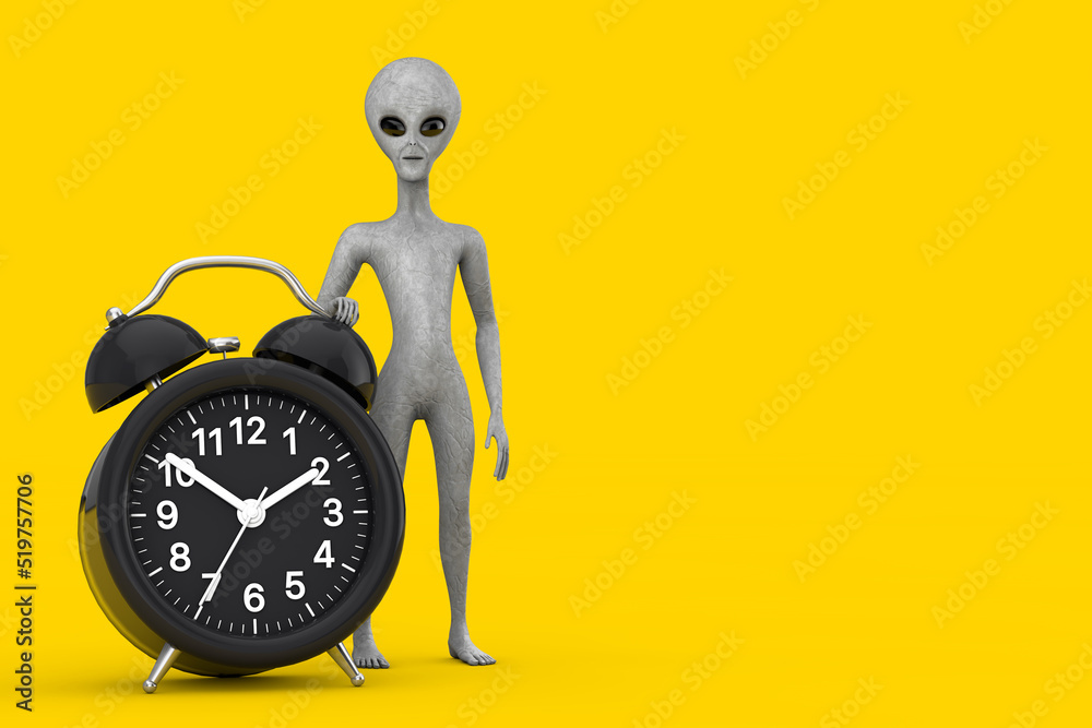 Poster scary gray humanoid alien cartoon character person mascot with alarm clock. 3d rendering