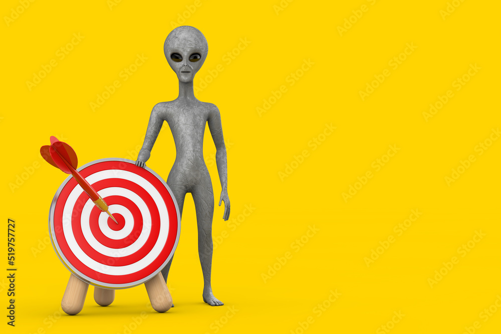 Fototapete scary gray humanoid alien cartoon character person mascot with archery target and dart in center. 3d