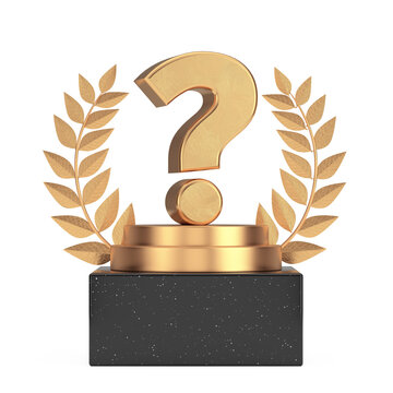 Winner Award Cube Gold Laurel Wreath Podium, Stage or Pedestal with Golden Question Mark. 3d Rendering