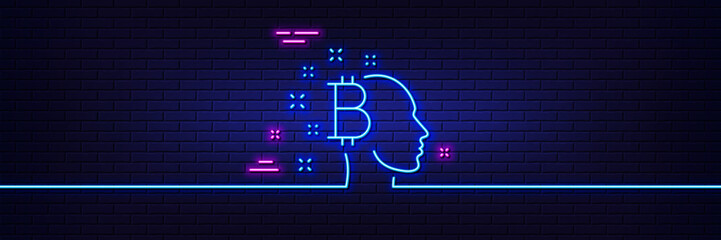 Neon light glow effect. Bitcoin think line icon. Cryptocurrency head sign. Crypto money symbol. 3d line neon glow icon. Brick wall banner. Bitcoin think outline. Vector
