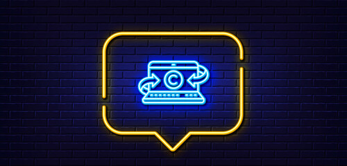 Neon light speech bubble. Copywriting notebook line icon. Ð¡opyright sign. Media content symbol. Neon light background. Copywriting notebook glow line. Brick wall banner. Vector