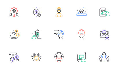 Engineering line icons set. Teamwork, Technical documentation and Peopl. Blueprint with gear, engineer and construction helmet set icons. Technician, industrial people, engineering process. Vector