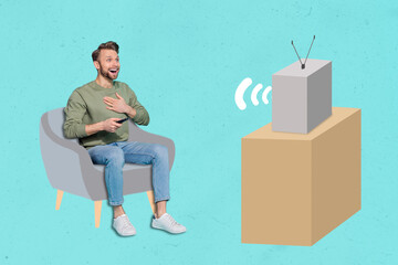 Collage picture of positive excited guy sit chair hold remote control watch tv impressed reaction isolated on drawing background
